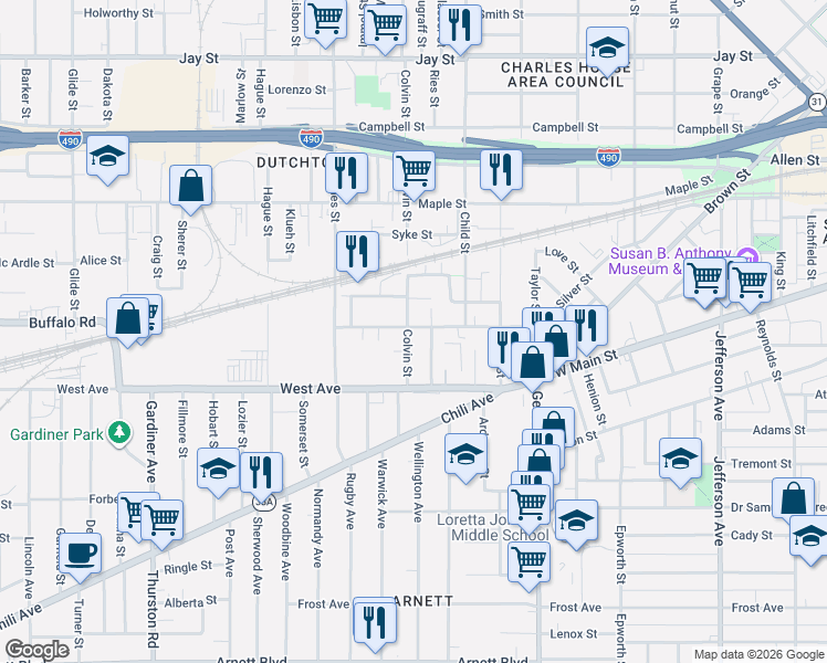 map of restaurants, bars, coffee shops, grocery stores, and more near 81 Colvin Street in Rochester