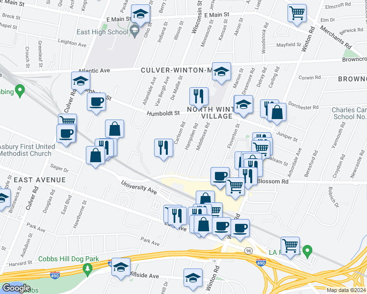 map of restaurants, bars, coffee shops, grocery stores, and more near 103 Hampden Road in Rochester