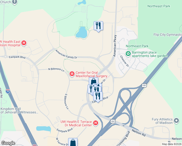 map of restaurants, bars, coffee shops, grocery stores, and more near 5022 American Parkway in Madison