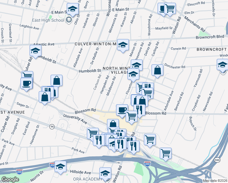 map of restaurants, bars, coffee shops, grocery stores, and more near 128 Middlesex Road in Rochester