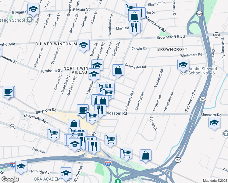 map of restaurants, bars, coffee shops, grocery stores, and more near 338 Winton Road North in Rochester