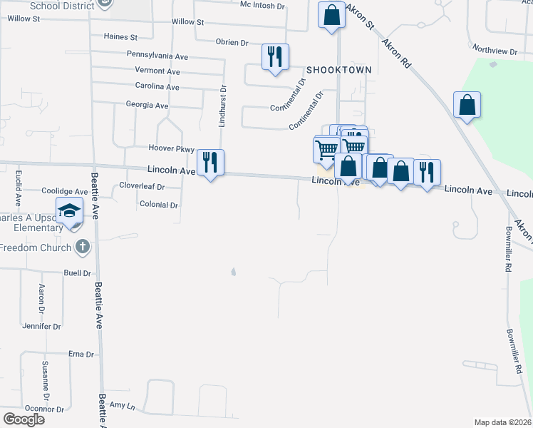 map of restaurants, bars, coffee shops, grocery stores, and more near 6544 Lincoln Avenue in Lockport