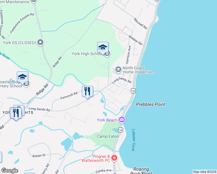 map of restaurants, bars, coffee shops, grocery stores, and more near 293 Long Sands Road in York