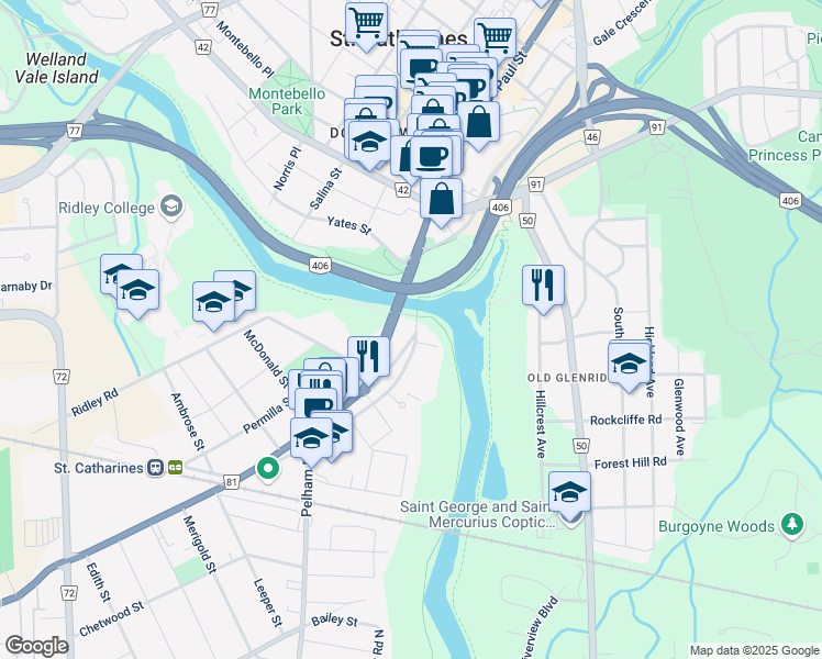 map of restaurants, bars, coffee shops, grocery stores, and more near 2 A Hainer Street in St. Catharines