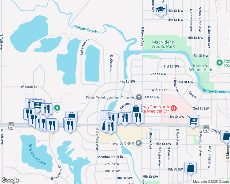 map of restaurants, bars, coffee shops, grocery stores, and more near 265 Willowbrook Drive in Mason City