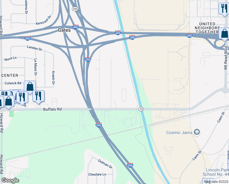 map of restaurants, bars, coffee shops, grocery stores, and more near 32 Varian Lane in Rochester