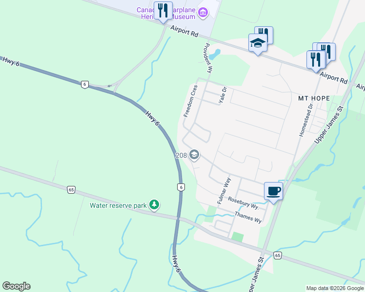 map of restaurants, bars, coffee shops, grocery stores, and more near Ontario 6 in Hamilton