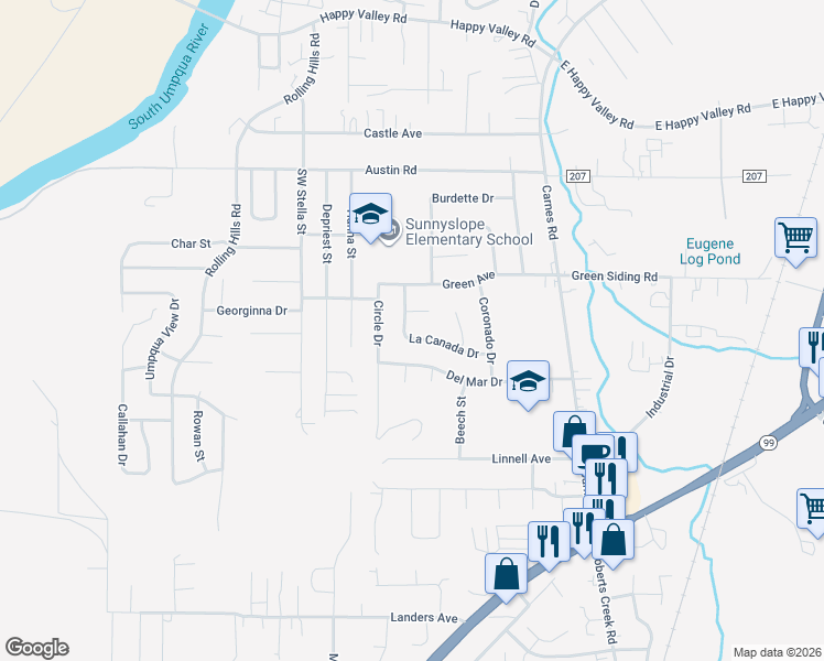 map of restaurants, bars, coffee shops, grocery stores, and more near 2344 La Canada Drive in Roseburg