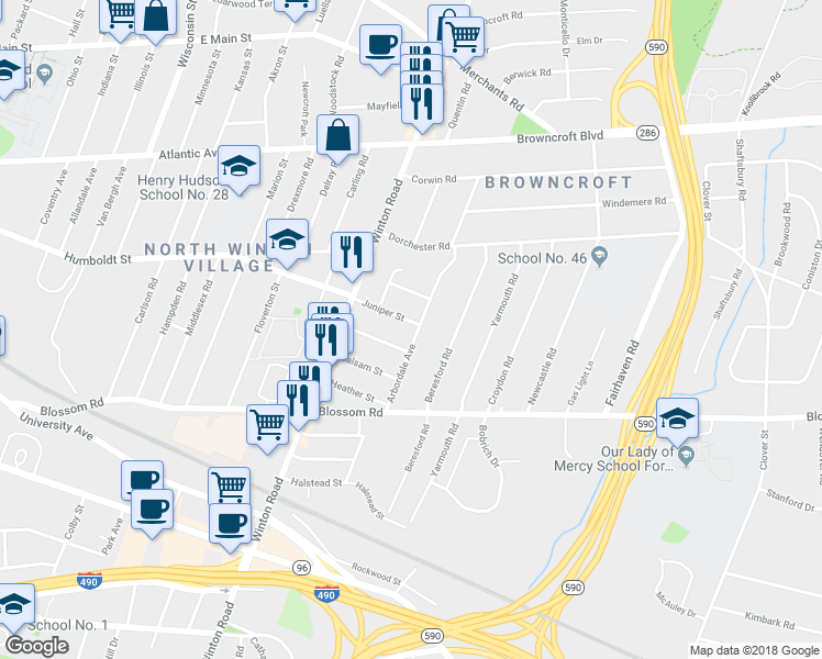 map of restaurants, bars, coffee shops, grocery stores, and more near 117 Arbordale Avenue in Rochester