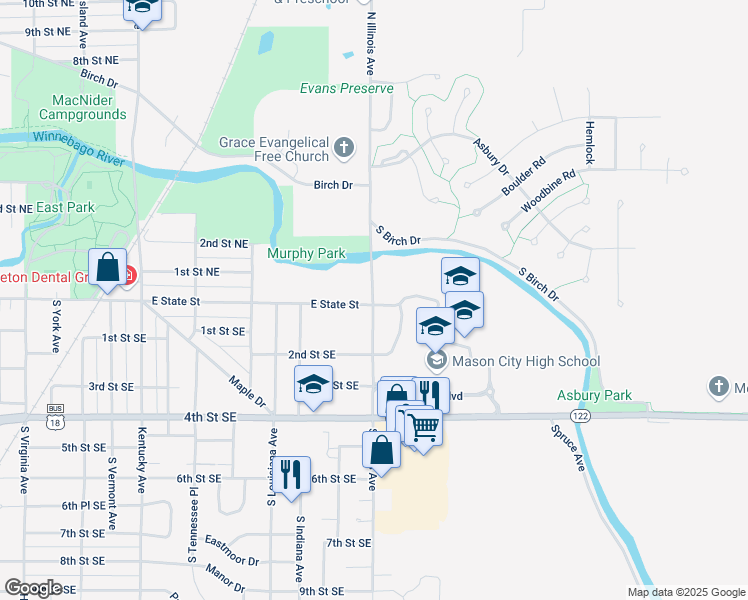 map of restaurants, bars, coffee shops, grocery stores, and more near 19 North Illinois Avenue in Mason City