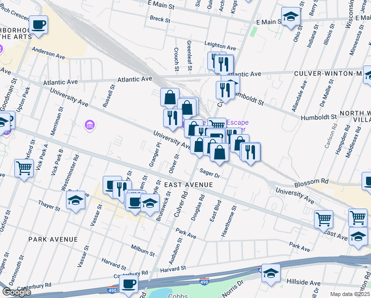 map of restaurants, bars, coffee shops, grocery stores, and more near 94 Oliver Street in Rochester
