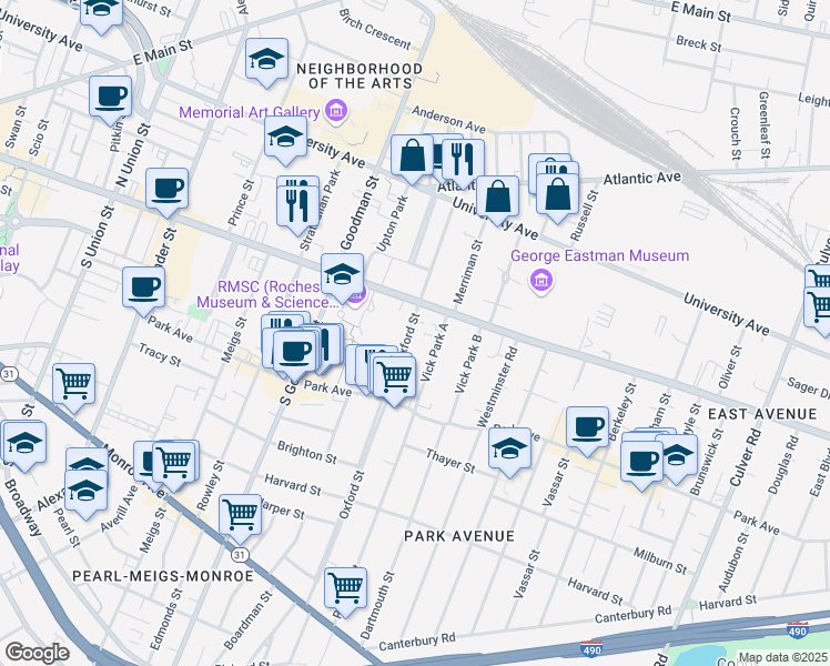 map of restaurants, bars, coffee shops, grocery stores, and more near 192 Oxford Street in Rochester