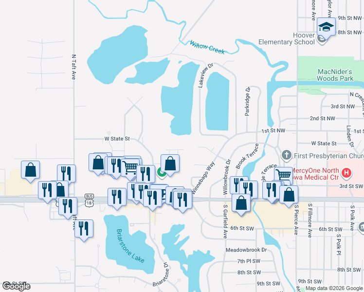 map of restaurants, bars, coffee shops, grocery stores, and more near 54 North Willowgreen Court in Mason City