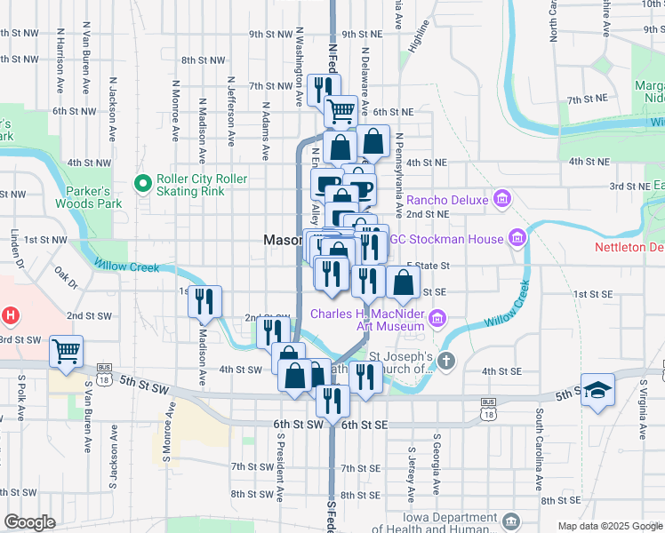 map of restaurants, bars, coffee shops, grocery stores, and more near 1 East State Street in Mason City