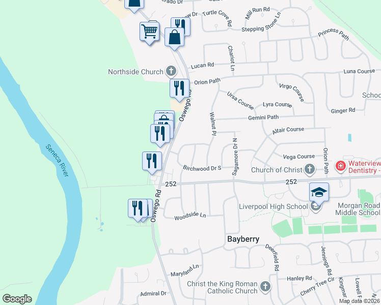 map of restaurants, bars, coffee shops, grocery stores, and more near 7869 Hawthorne Drive in Liverpool