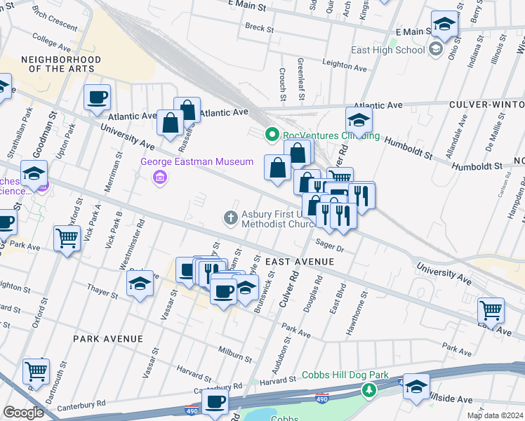 map of restaurants, bars, coffee shops, grocery stores, and more near 12 Granger Place in Rochester