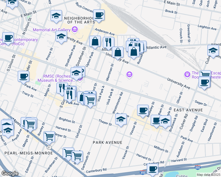 map of restaurants, bars, coffee shops, grocery stores, and more near 809 East Avenue in Rochester