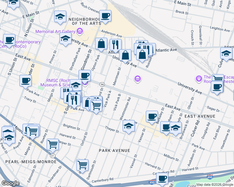 map of restaurants, bars, coffee shops, grocery stores, and more near 809 East Avenue in Rochester
