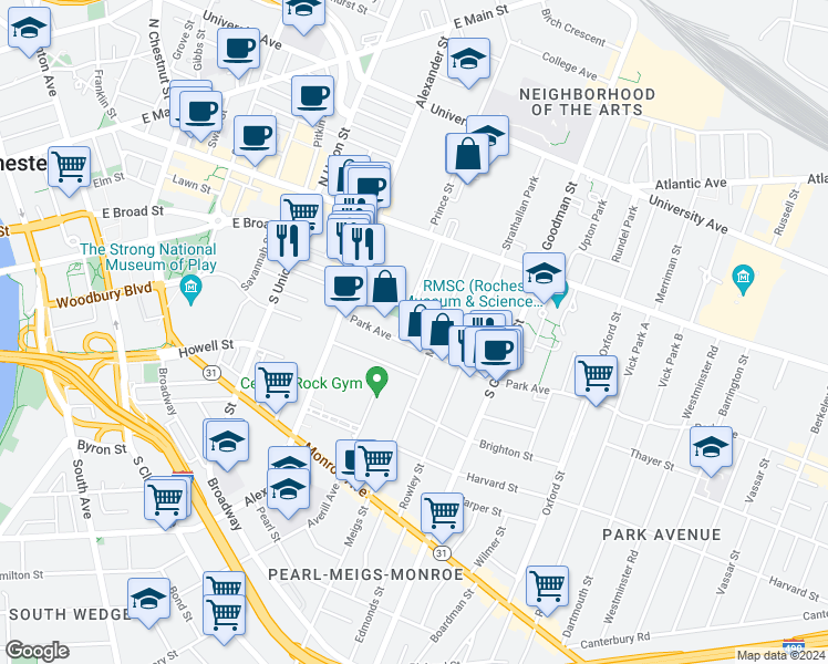 map of restaurants, bars, coffee shops, grocery stores, and more near 74 Park Avenue in Rochester