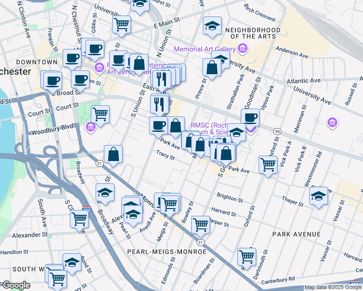 map of restaurants, bars, coffee shops, grocery stores, and more near 74 Park Avenue in Rochester