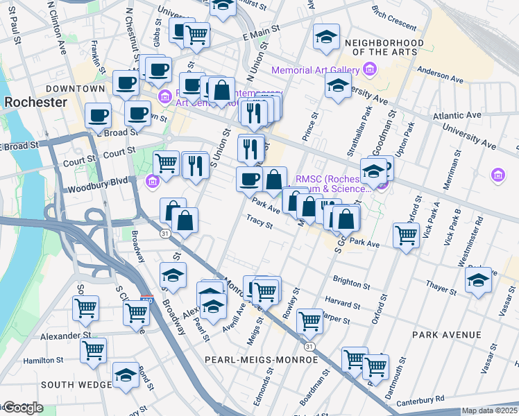 map of restaurants, bars, coffee shops, grocery stores, and more near 26 Park Avenue in Rochester