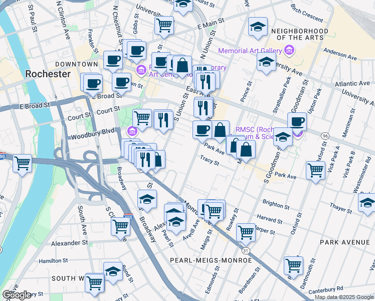 map of restaurants, bars, coffee shops, grocery stores, and more near 253 Alexander Street in Rochester