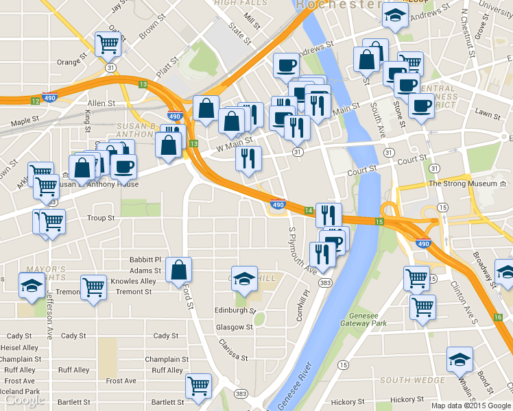 map of restaurants, bars, coffee shops, grocery stores, and more near 65 South Washington Street in Rochester
