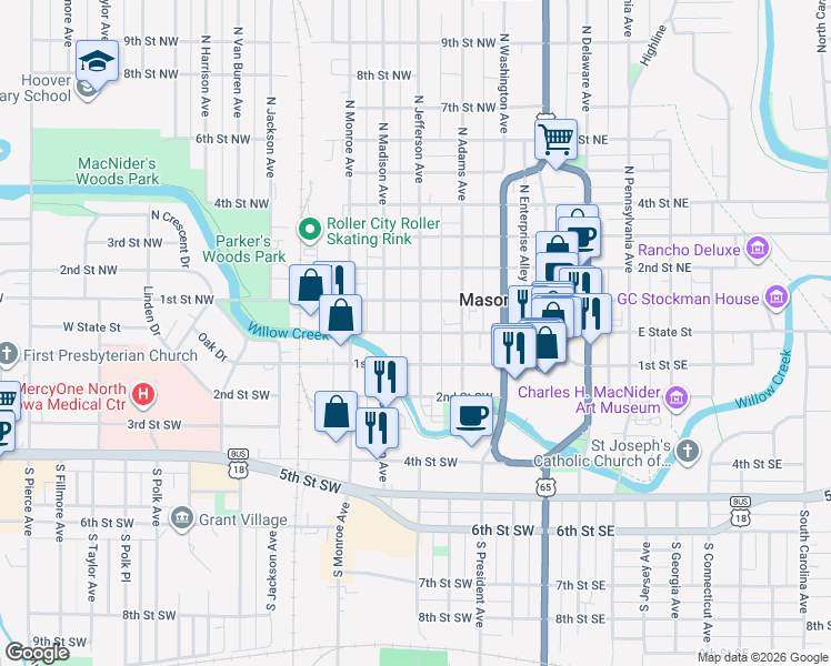 map of restaurants, bars, coffee shops, grocery stores, and more near 8 N Jefferson Ave in Mason City