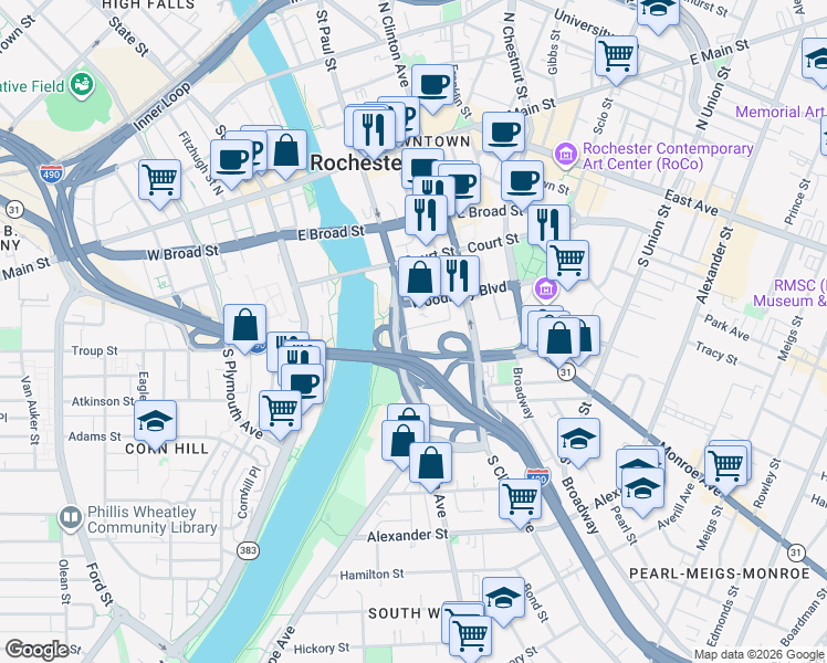 map of restaurants, bars, coffee shops, grocery stores, and more near 222 South Avenue in Rochester