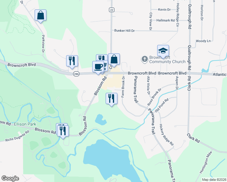 map of restaurants, bars, coffee shops, grocery stores, and more near 47 Farm Brook Drive in Rochester