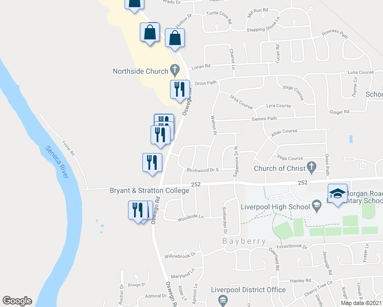 map of restaurants, bars, coffee shops, grocery stores, and more near 7869 Hawthorne Drive in Liverpool