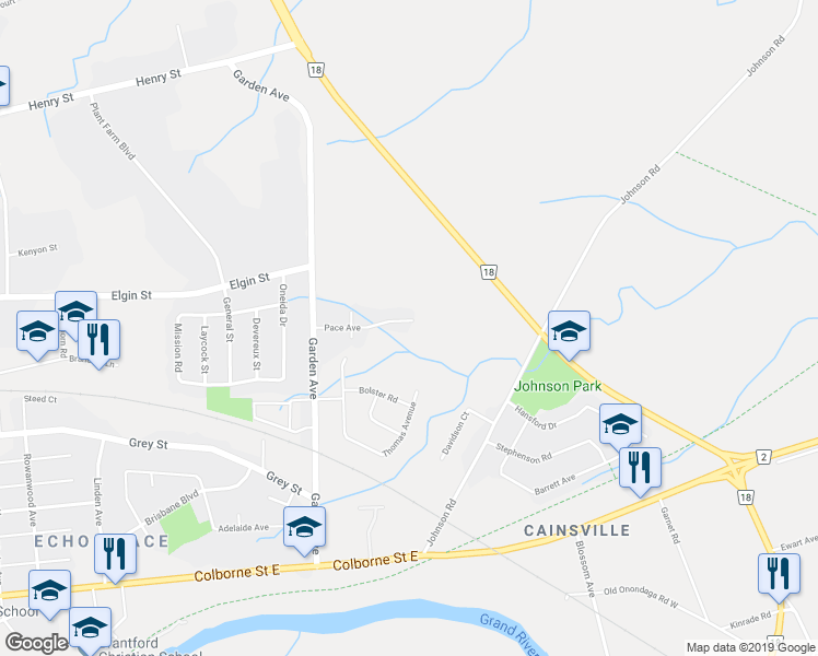 map of restaurants, bars, coffee shops, grocery stores, and more near 36 Pace Avenue in Brantford