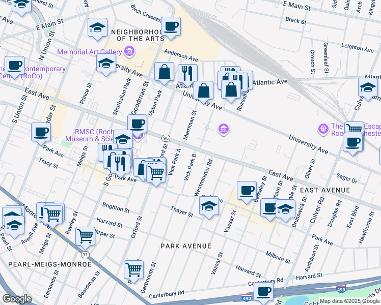 map of restaurants, bars, coffee shops, grocery stores, and more near 809 East Avenue in Rochester