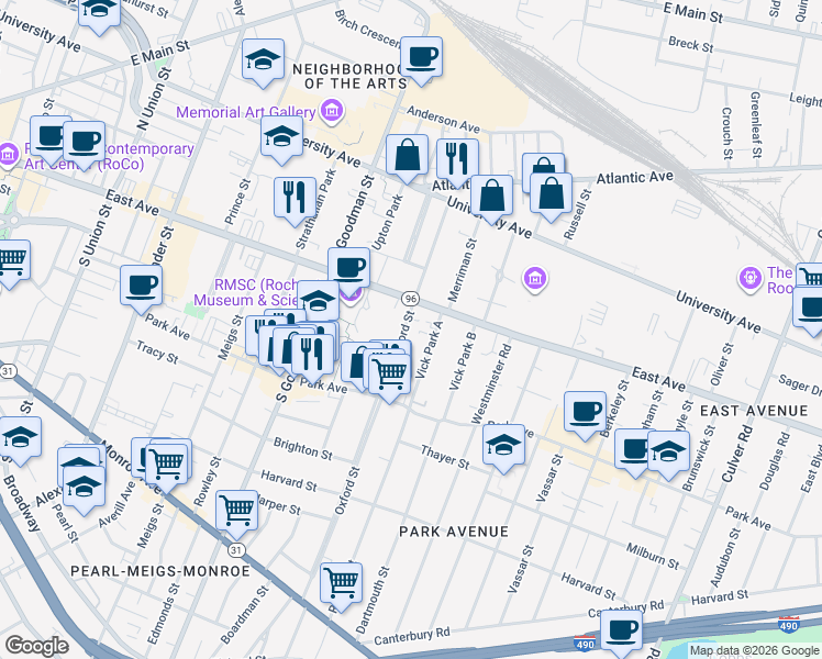 map of restaurants, bars, coffee shops, grocery stores, and more near 10 Vick Park A in Rochester