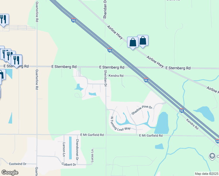 map of restaurants, bars, coffee shops, grocery stores, and more near 5520 South Sheridan Drive in Muskegon