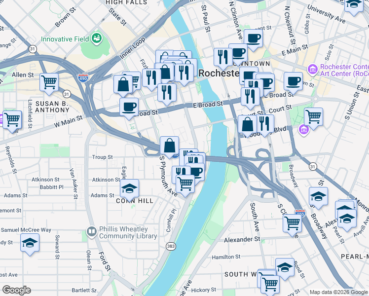 map of restaurants, bars, coffee shops, grocery stores, and more near 185 Exchange Boulevard in Rochester