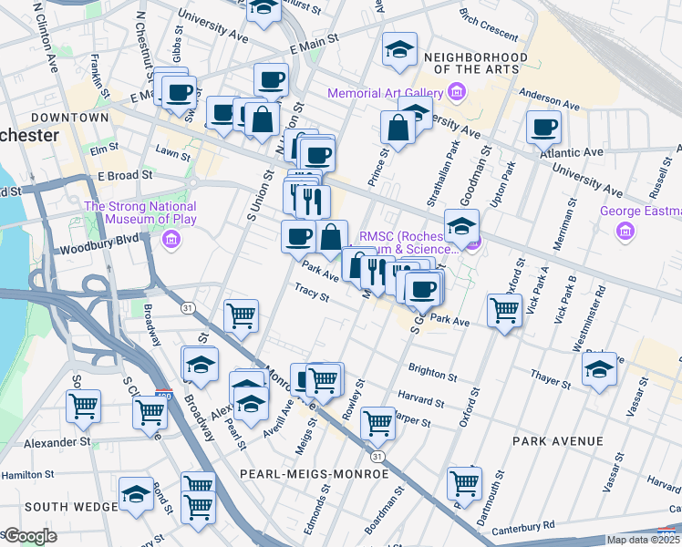 map of restaurants, bars, coffee shops, grocery stores, and more near 74 Park Avenue in Rochester