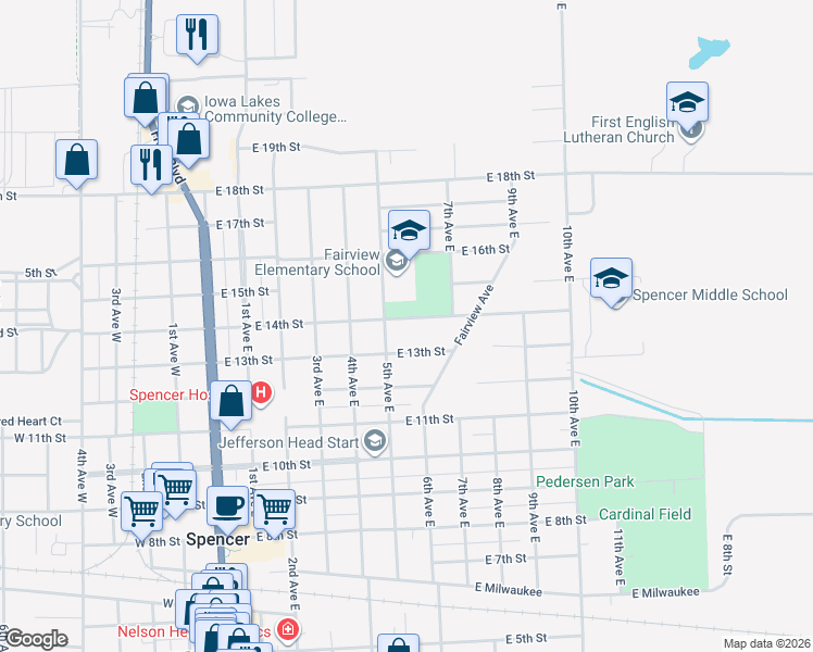 map of restaurants, bars, coffee shops, grocery stores, and more near 514 East 14th Street in Spencer