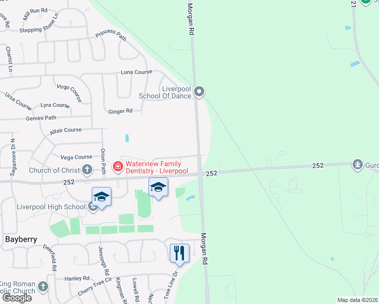 map of restaurants, bars, coffee shops, grocery stores, and more near 4419 Heritage Drive in Liverpool