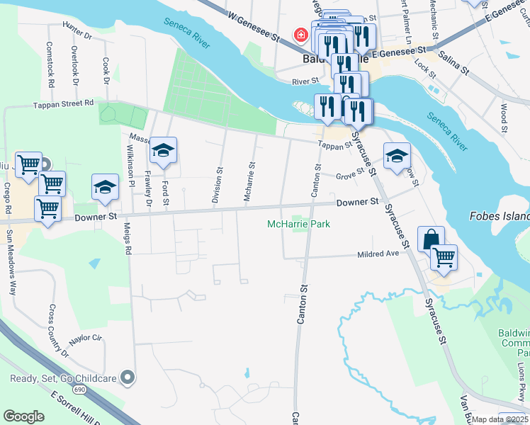 map of restaurants, bars, coffee shops, grocery stores, and more near 63 Downer Street in Baldwinsville