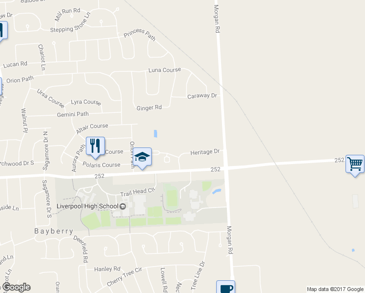 map of restaurants, bars, coffee shops, grocery stores, and more near 4369 Heritage Drive in Liverpool