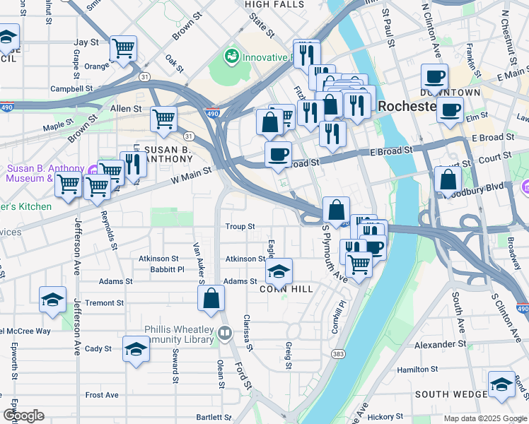 map of restaurants, bars, coffee shops, grocery stores, and more near 5 Livingston Park in Rochester