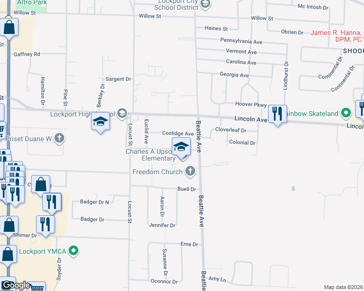 map of restaurants, bars, coffee shops, grocery stores, and more near 21 Harding Avenue in Lockport