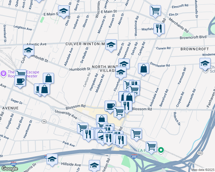 map of restaurants, bars, coffee shops, grocery stores, and more near 138 Marion Street in Rochester