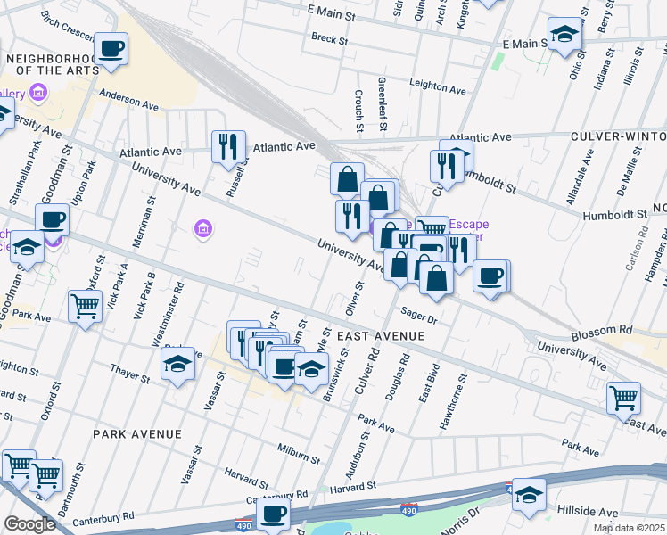 map of restaurants, bars, coffee shops, grocery stores, and more near 12 Granger Place in Rochester