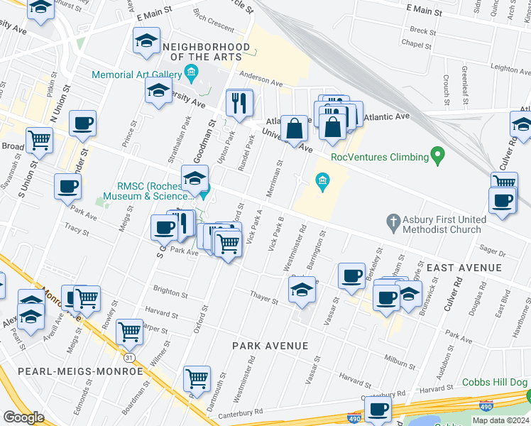 map of restaurants, bars, coffee shops, grocery stores, and more near 809 East Avenue in Rochester