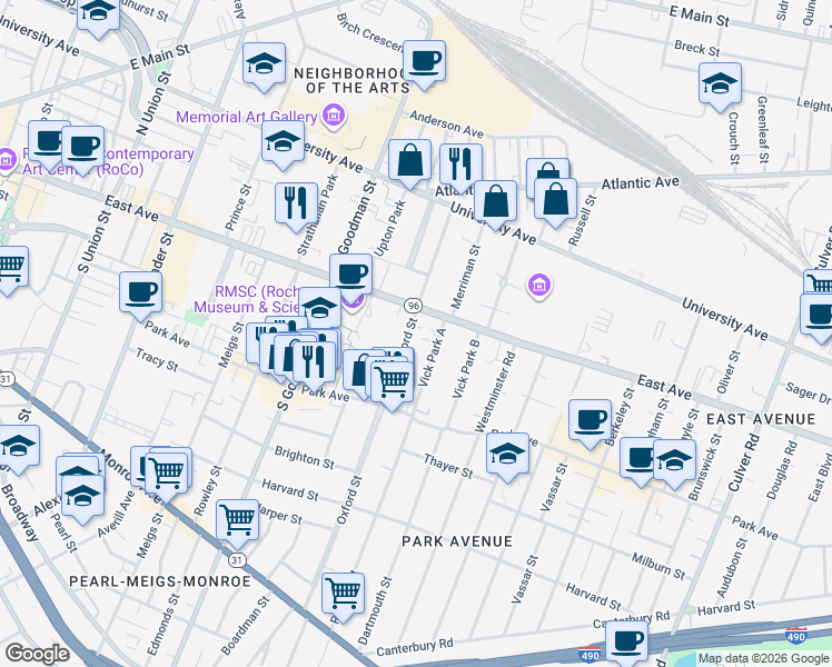 map of restaurants, bars, coffee shops, grocery stores, and more near 10 Vick Park A in Rochester