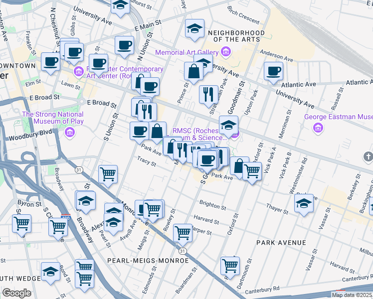 map of restaurants, bars, coffee shops, grocery stores, and more near 105 Meigs Street in Rochester