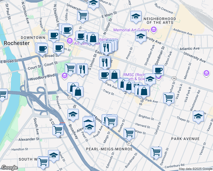 map of restaurants, bars, coffee shops, grocery stores, and more near 26 Park Avenue in Rochester