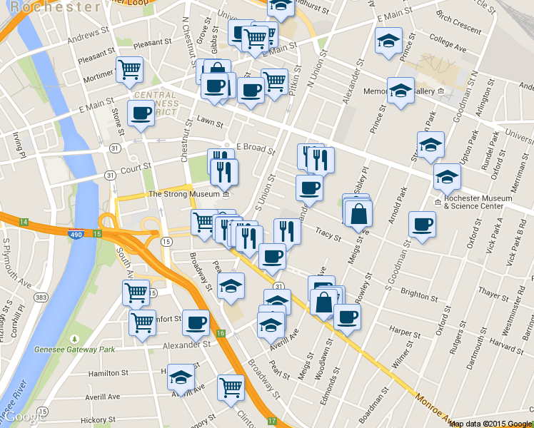 map of restaurants, bars, coffee shops, grocery stores, and more near 21 Buena Place in Rochester
